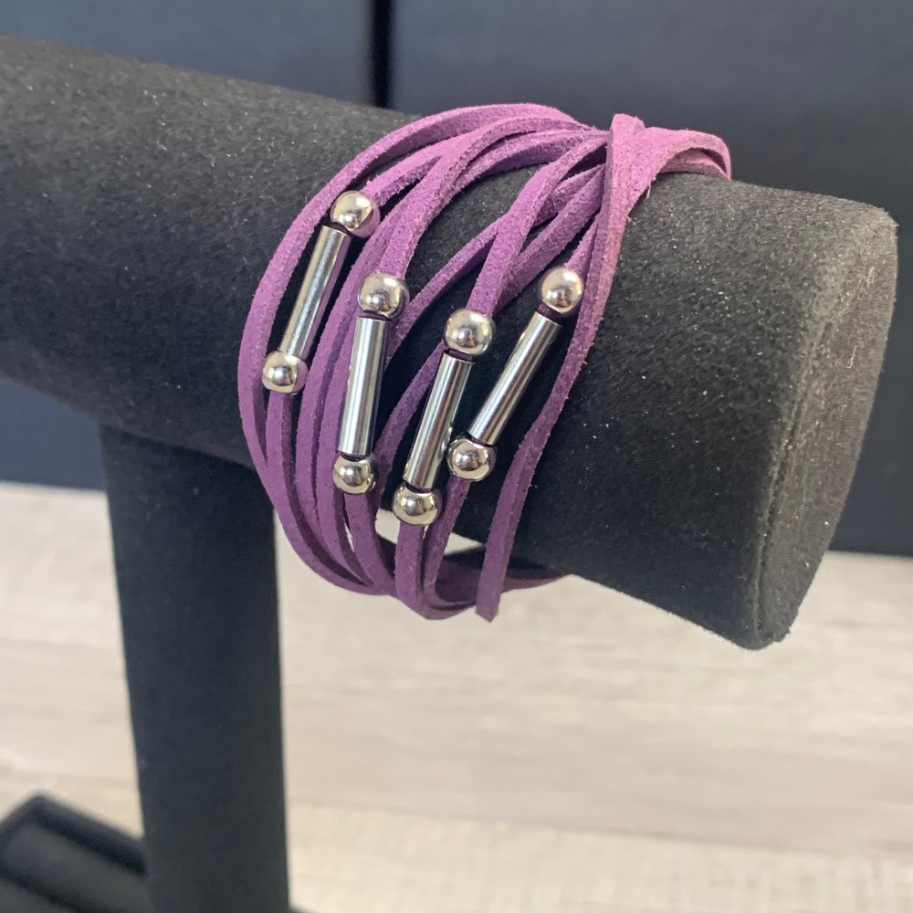 Purple Faux Suede Multi Strand Wrap Bracelet Silver Tone Bar Accents Boho